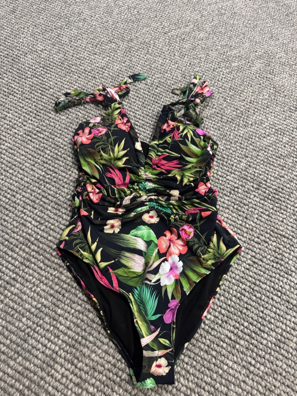 Floral Tropical Ruched One-Piece Swimsuit - Black
